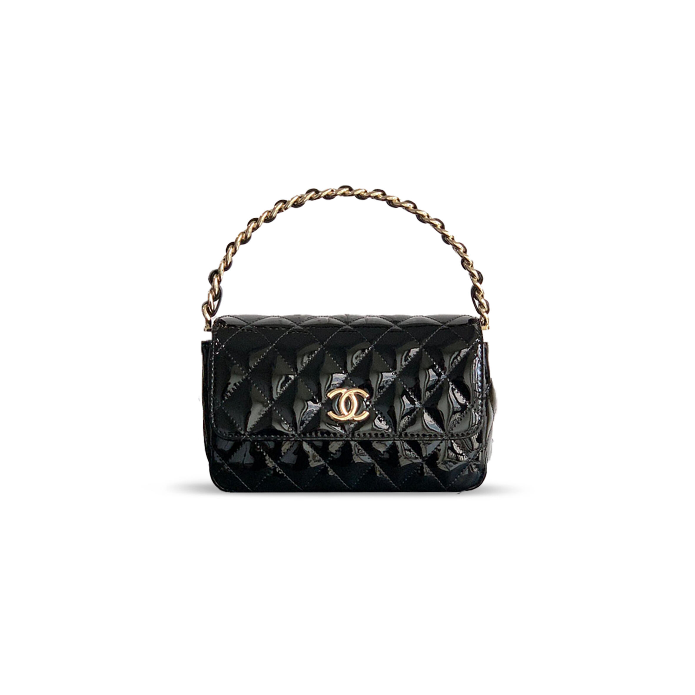 CHANEL MASTER HANDLE FLAP BAG PATENT CALFSKIN & GOLD METAL BLACK 496582 (18.5*10.5*8cm)